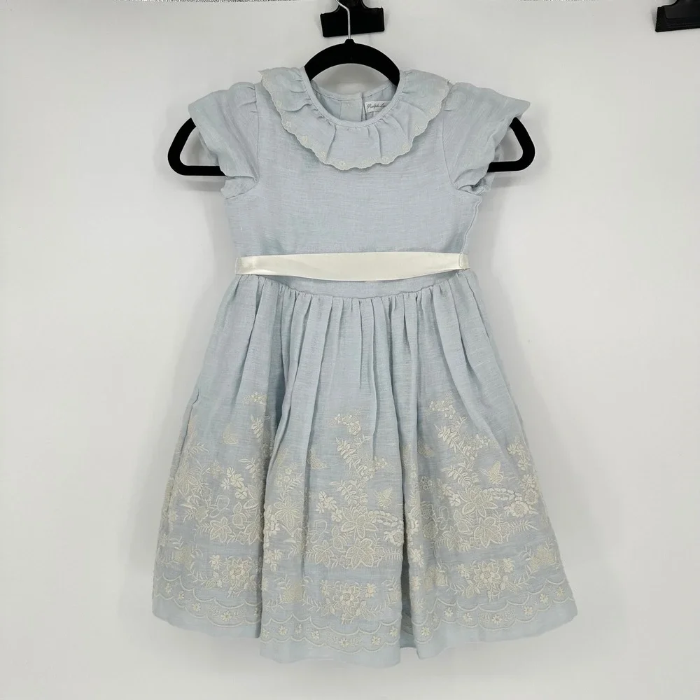 Ralph Lauren Floral Embroidered Ruffle Overlay Blue Hemp Dress Peter Collar 5‎